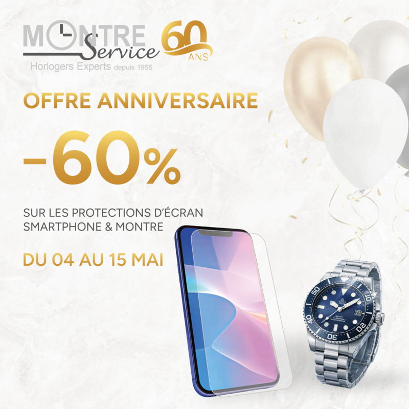 -60%* sur les protections d'écran smartphone & montre chez Montre Service du 4 au 15 mai 2026